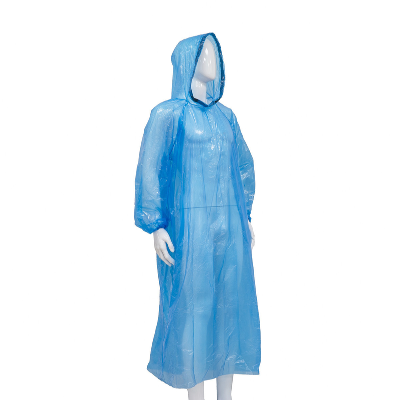 Camping Hiking Mountaineering Blue White PE Disposable Waterproof Raincoat With Hood